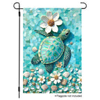 Sea turtle mosaic garden flag with shells, white flowers, and turquoise background