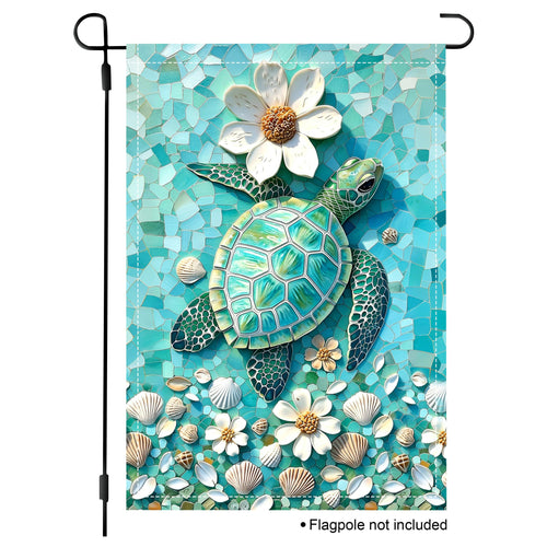 Sea turtle mosaic garden flag with shells, white flowers, and turquoise background