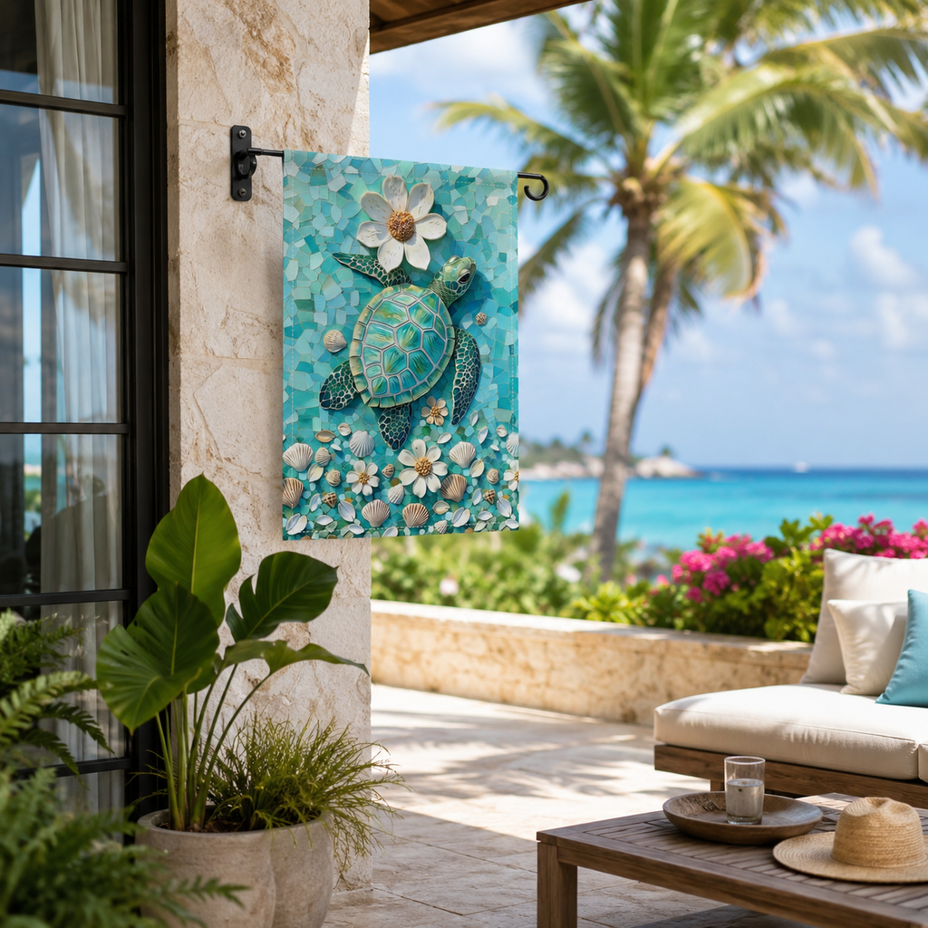 Sea turtle mosaic garden flag styled on a tropical oceanfront patio