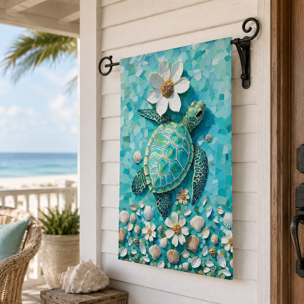 Sea turtle mosaic garden flag displayed on a coastal porch wall