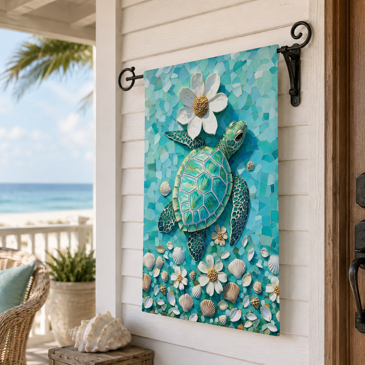 Sea turtle mosaic garden flag displayed on a coastal porch wall