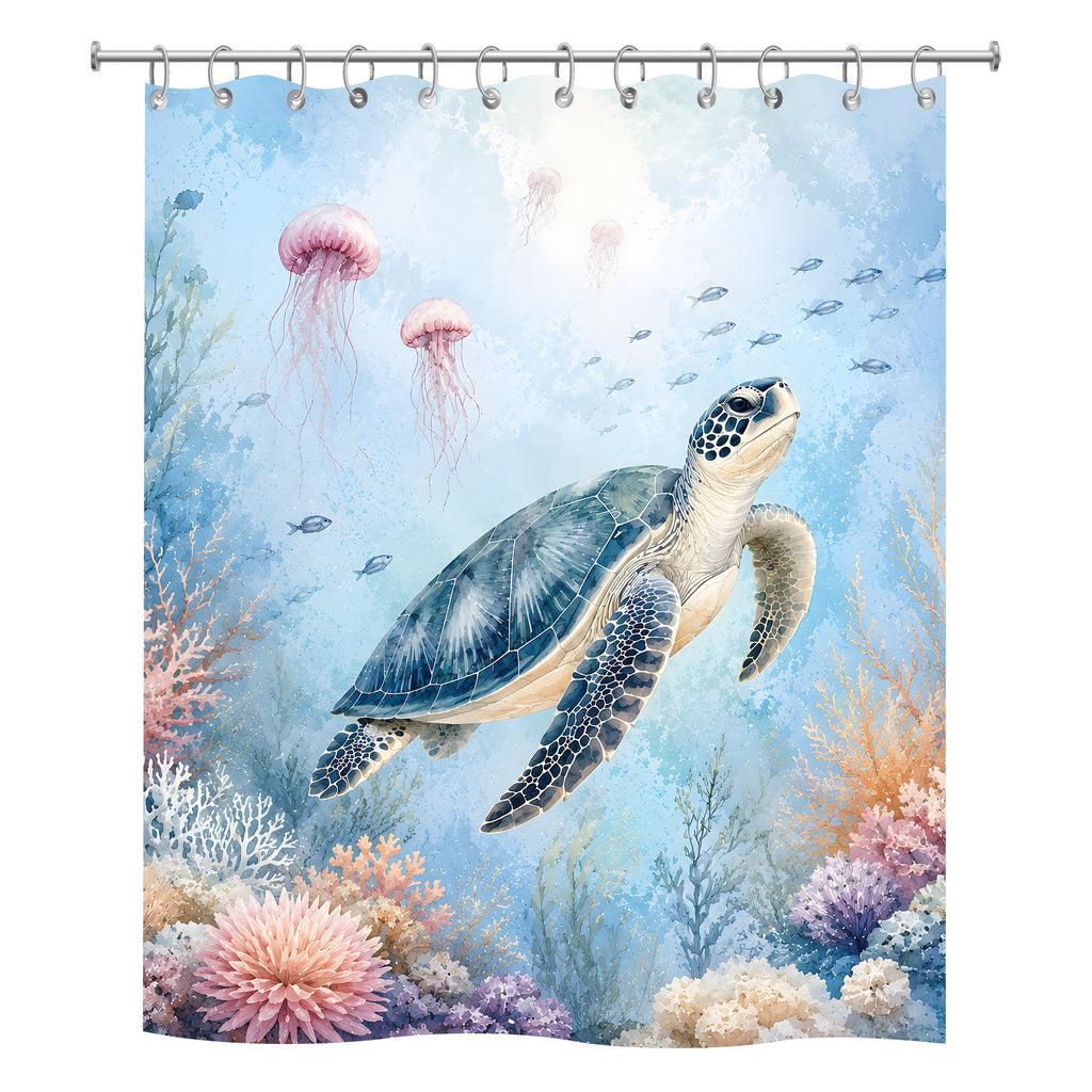 Artistic watercolor shower curtain design detailing a majestic blue sea turtle swimming upward, surrounded by translucent pink jellyfishes, school of small fish, and a detailed pastel coral reef bed.