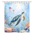 Artistic watercolor shower curtain design detailing a majestic blue sea turtle swimming upward, surrounded by translucent pink jellyfishes, school of small fish, and a detailed pastel coral reef bed.