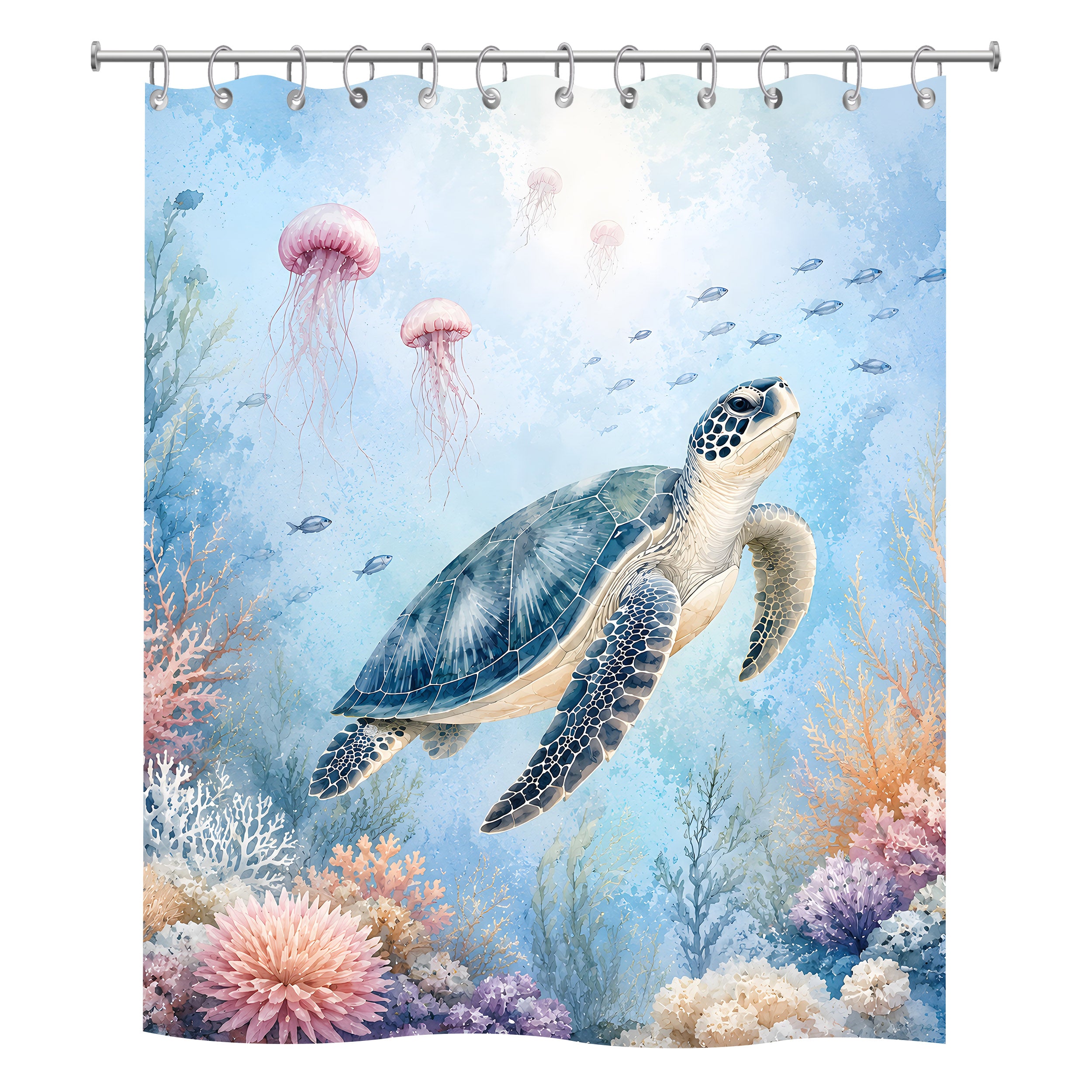 Artistic watercolor shower curtain design detailing a majestic blue sea turtle swimming upward, surrounded by translucent pink jellyfishes, school of small fish, and a detailed pastel coral reef bed.