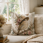 A shabby chic garden bird themed throw pillow placed on a sunlit indoor window seat with white lace curtains, paired with vintage books and a cozy knit blanket.