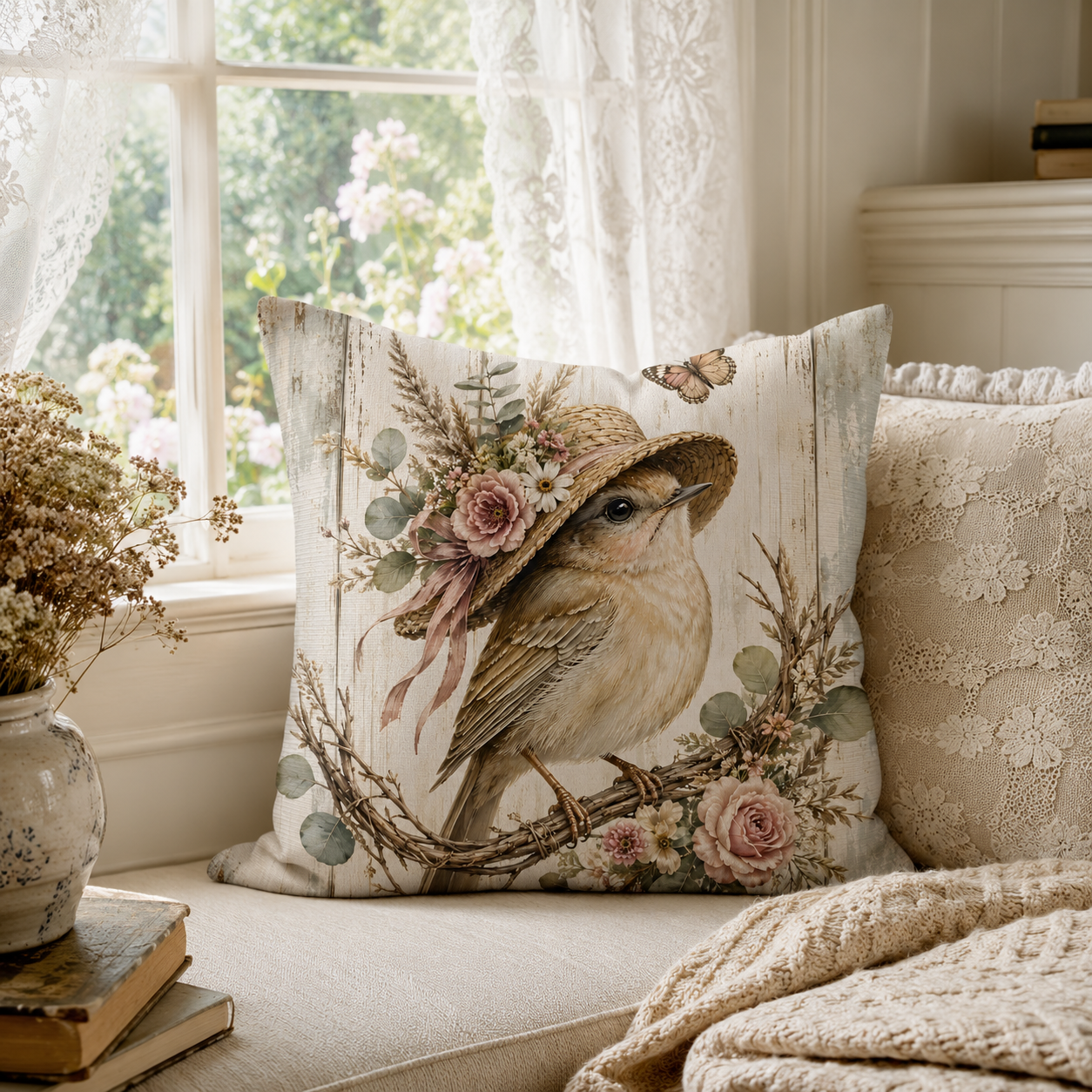 A shabby chic garden bird themed throw pillow placed on a sunlit indoor window seat with white lace curtains, paired with vintage books and a cozy knit blanket.