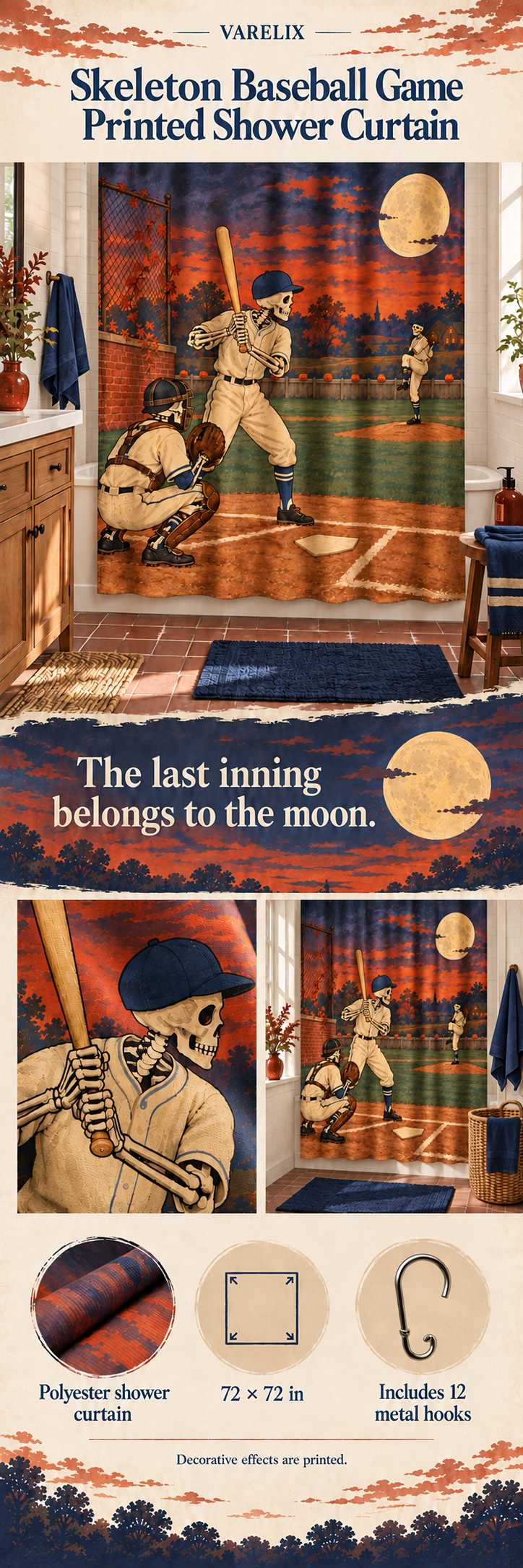 Skeleton Baseball Game Printed Shower Curtain by VARELIX, A+ detail poster with verified material, sizes and included items.