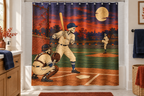 Skeleton Baseball Game Printed Shower Curtain, lifestyle view 1: Curtain fully drawn across a standard tub, nearly frontal view, entire square print readable, top rail and hooks cropped completely OUT OF FRAME; square print readable; no floor-length distortion.