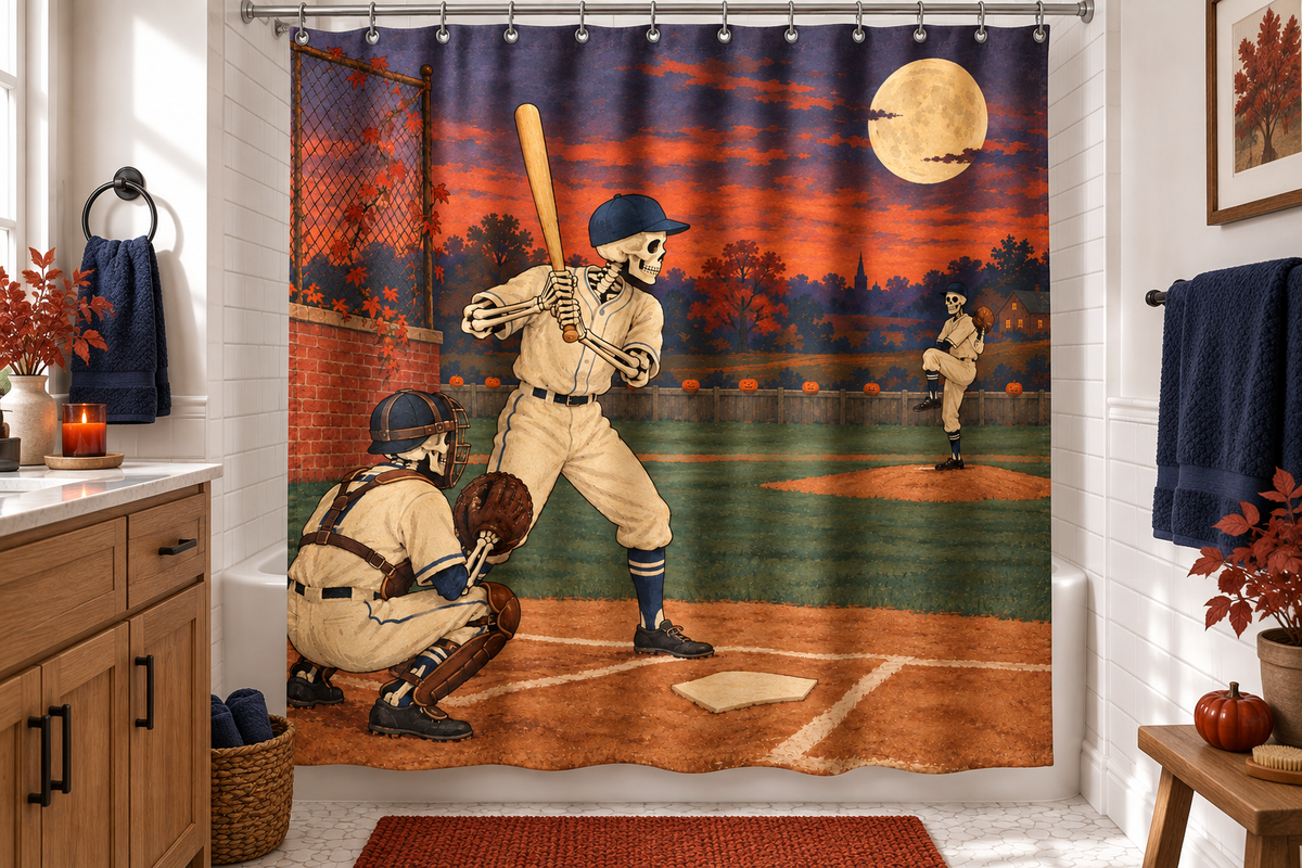 Skeleton Baseball Game Printed Shower Curtain, lifestyle view 2: Three-quarter view of a standard tub and square curtain, upper hardware cropped OUT OF FRAME, full printed motif visible with soft vertical folds, no window or fixture passing through cloth.