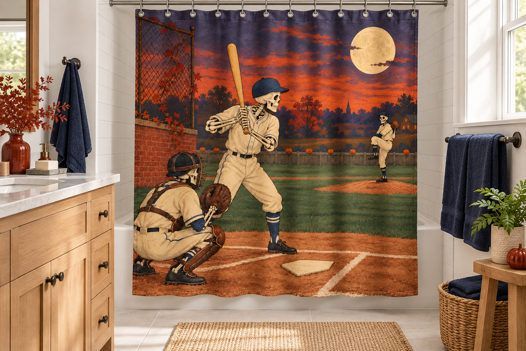 Skeleton Baseball Game Printed Shower Curtain, lifestyle view 3: A bright bathroom with square curtain as the dominant focal wall, medium-wide editorial view, top hardware deliberately cropped OUT OF FRAME, camera at natural eye level.