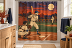 Skeleton Baseball Game Printed Shower Curtain, lifestyle view 3: A bright bathroom with square curtain as the dominant focal wall, medium-wide editorial view, top hardware deliberately cropped OUT OF FRAME, camera at natural eye level.