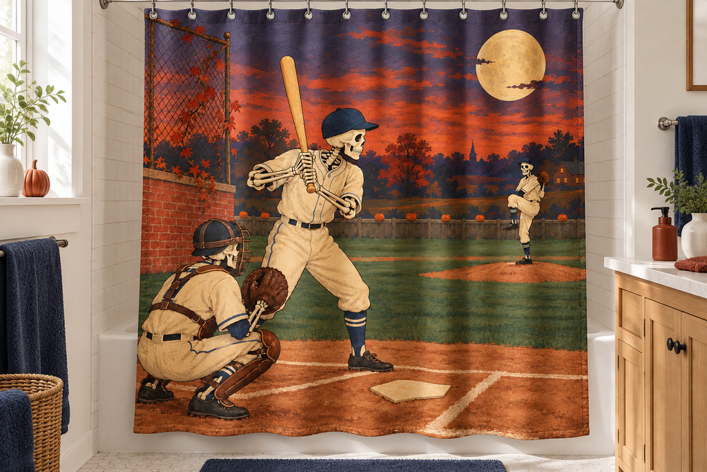 Skeleton Baseball Game Printed Shower Curtain, lifestyle view 4: Closer front-angle bathroom view focused on the full square printed curtain, restrained surroundings, realistic fabric folds without hiding the central design; top hardware cropped OUT OF FRAME.