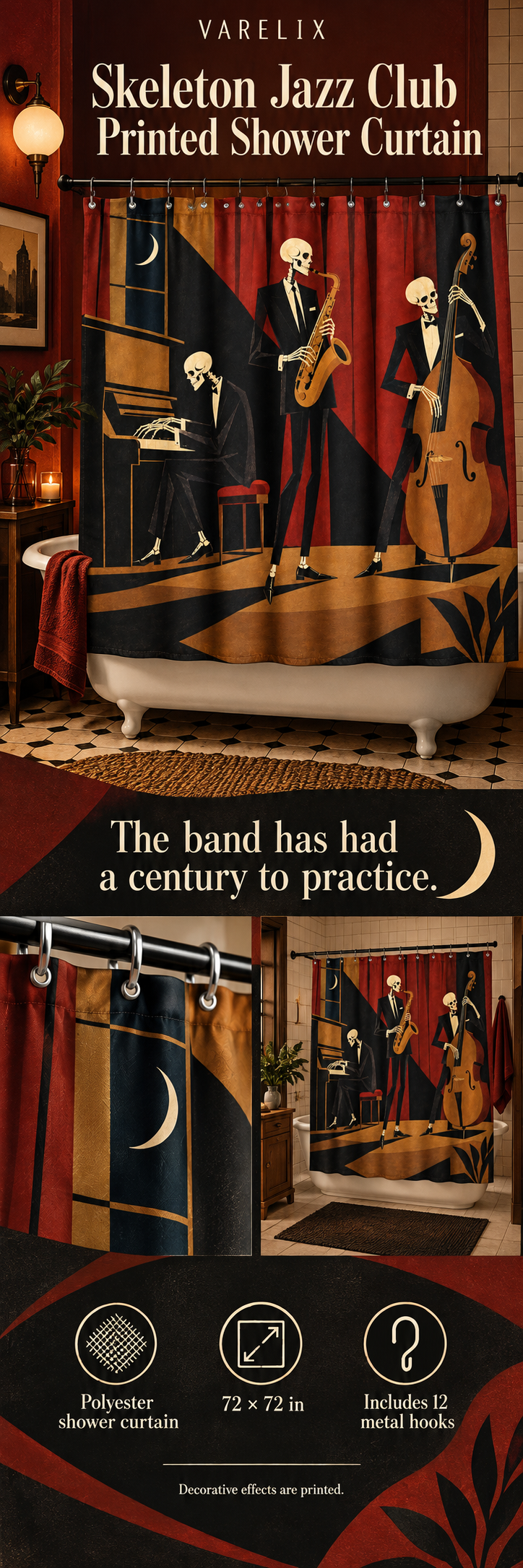 Skeleton Jazz Club Printed Shower Curtain by VARELIX, A+ detail poster with verified material, sizes and included items.