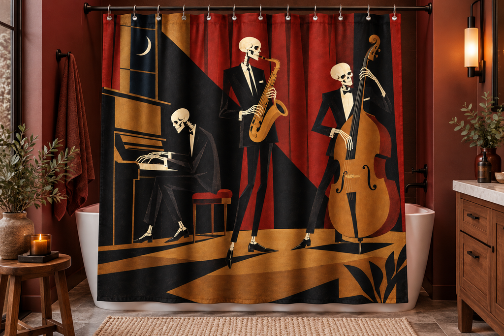 Skeleton Jazz Club Printed Shower Curtain, lifestyle view 1: Curtain fully drawn across a standard tub, nearly frontal view, entire square print readable, exactly 12 metal hooks on straight rod, no floor-length distortion.