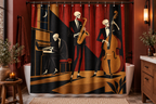 Skeleton Jazz Club Printed Shower Curtain, lifestyle view 1: Curtain fully drawn across a standard tub, nearly frontal view, entire square print readable, exactly 12 metal hooks on straight rod, no floor-length distortion.