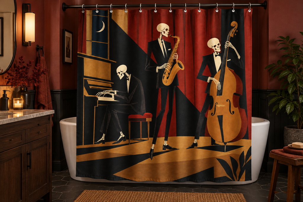 Skeleton Jazz Club Printed Shower Curtain, lifestyle view 2: Three-quarter view of a standard tub and square curtain, entire product visible with soft vertical folds, no window or fixture passing through cloth.