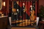 Skeleton Jazz Club Printed Shower Curtain, lifestyle view 2: Three-quarter view of a standard tub and square curtain, entire product visible with soft vertical folds, no window or fixture passing through cloth.