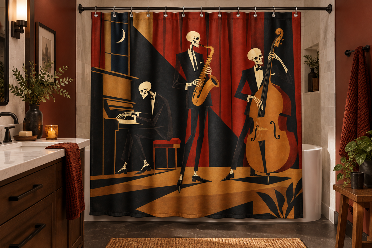 Skeleton Jazz Club Printed Shower Curtain, lifestyle view 3: A bright bathroom with square curtain as the dominant focal wall, medium-wide editorial view, all 12 hooks visible, camera at natural eye level.