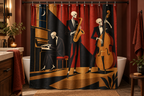 Skeleton Jazz Club Printed Shower Curtain, lifestyle view 4: Closer front-angle bathroom view focused on the full square printed curtain, restrained surroundings, realistic fabric folds without hiding the central design.