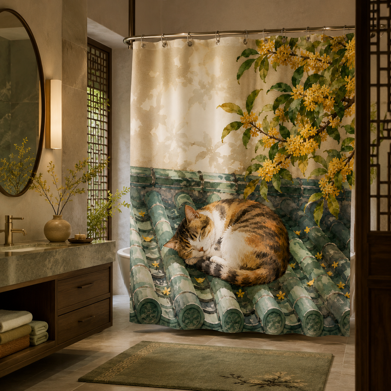 Chinoiserie sleeping cat and sweet osmanthus shower curtain paired with a dark wooden vanity and traditional Chinese lattice screen.