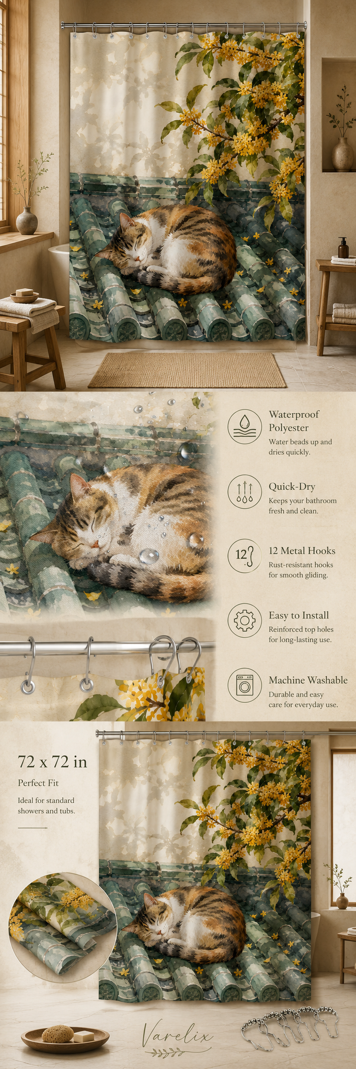 Detailed product infographic for Varelix brand featuring a sleeping cat on Chinese roof tiles shower curtain, showcasing its waterproof polyester fabric, 72x72 inches size, and metal hooks.
