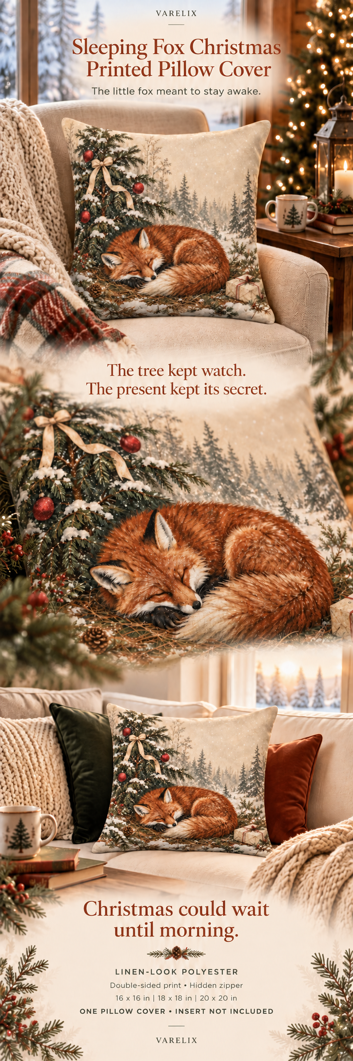 Sleeping Fox Christmas Printed Pillow Cover A+ details showing the printed design, material, available sizes and package contents.