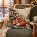 Sleeping fox Christmas pillow cover on a reading chair by a softly lit winter window.