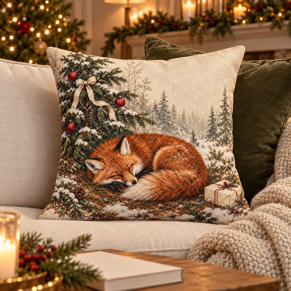 Sleeping fox holiday pillow cover styled on a cream sofa with a green cushion and Christmas lights.