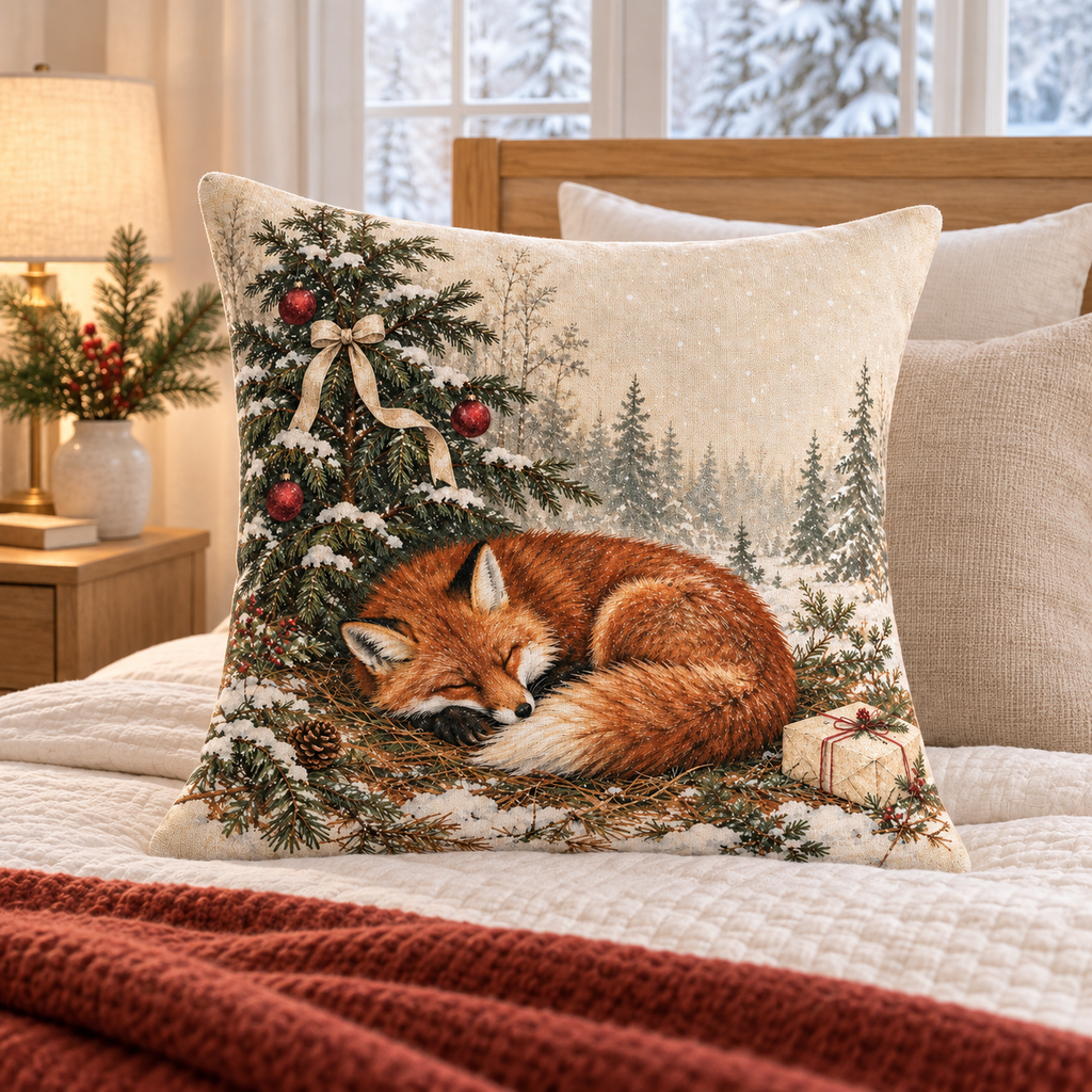 Woodland fox Christmas pillow cover on ivory guest-bed linens in soft morning light.