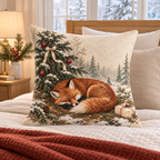 Woodland fox Christmas pillow cover on ivory guest-bed linens in soft morning light.
