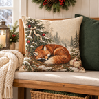 Fox and Christmas tree pillow cover on an indoor wooden bench with warm seasonal accents.