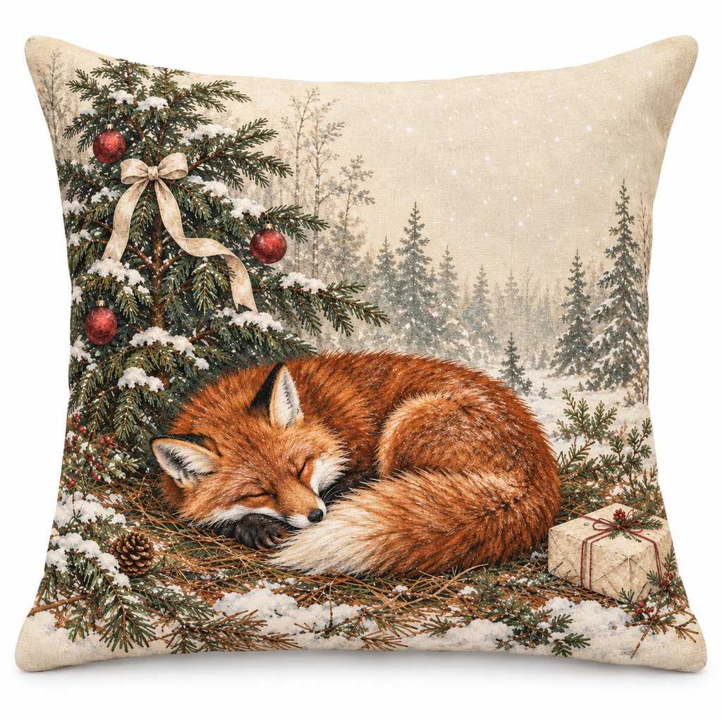 Sleeping fox Christmas pillow cover with an ivory woodland print, shown on a white background.