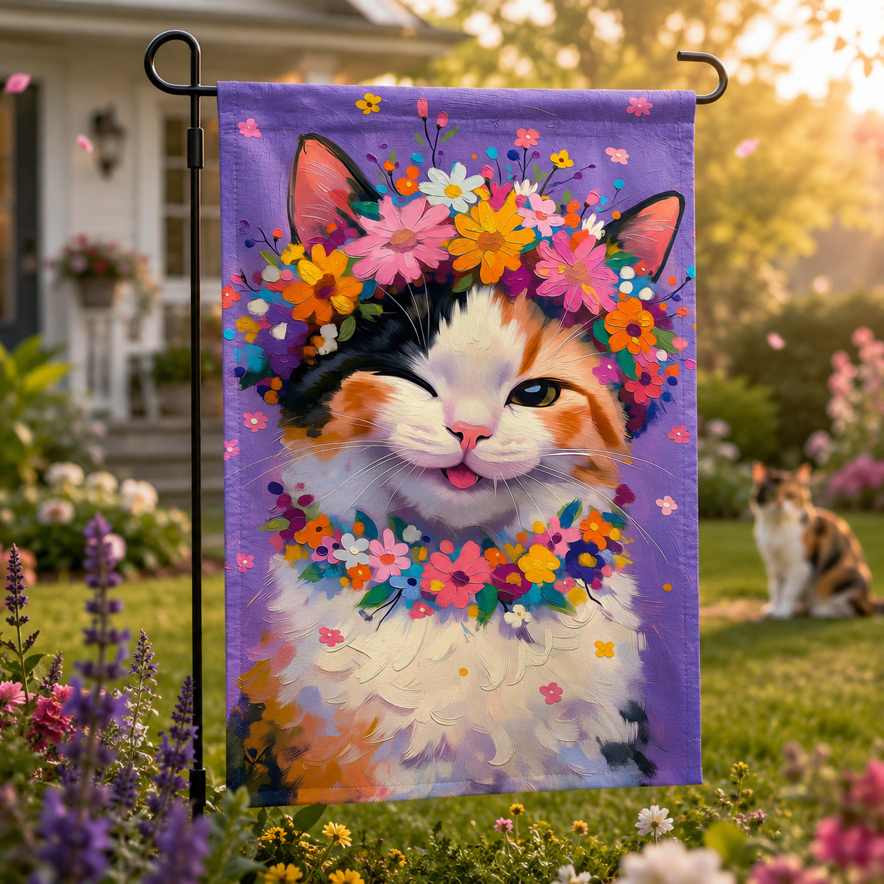 Smiling calico cat garden flag with a colorful flower crown displayed in a sunny backyard garden.