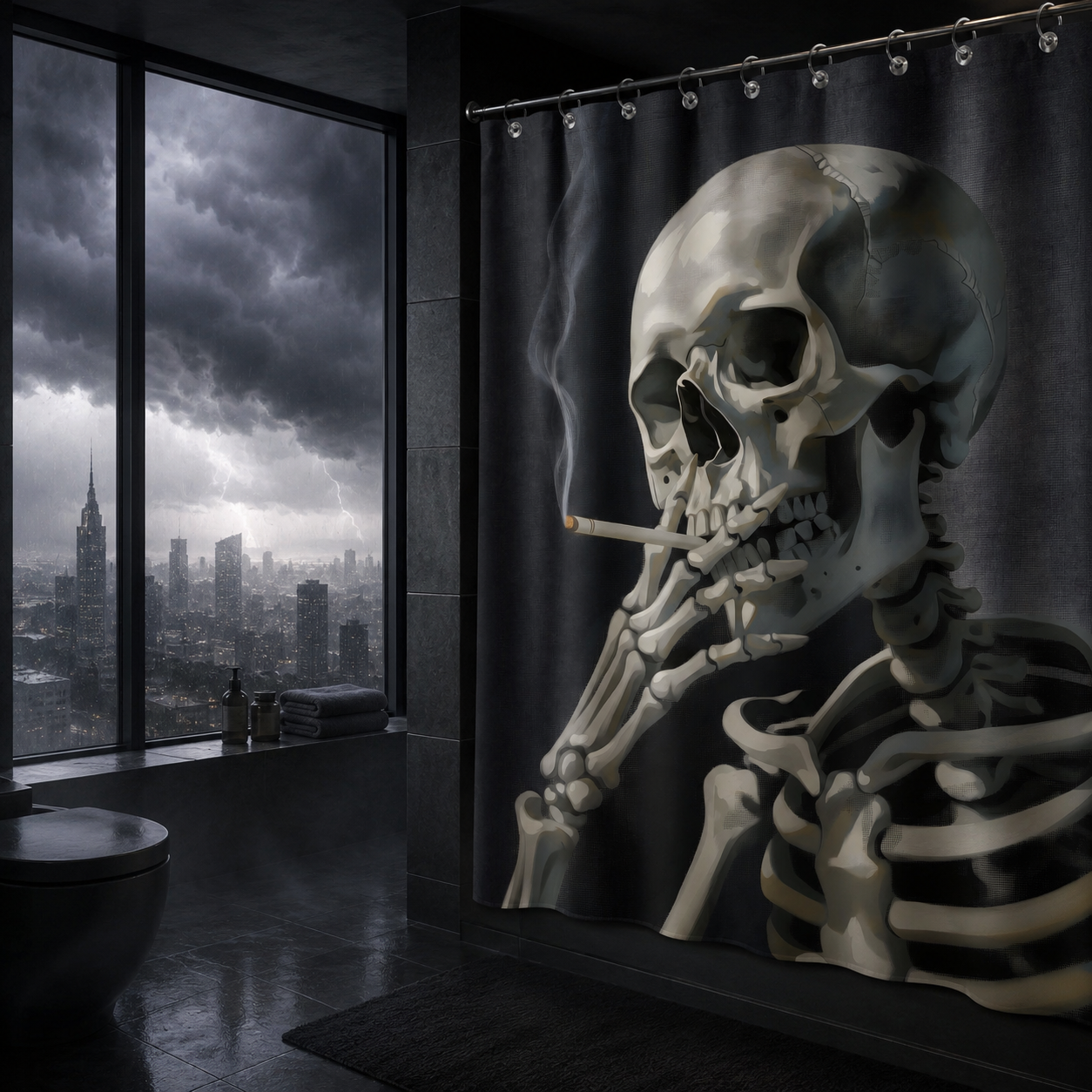 Cool skull graphic shower curtain hanging in a sleek modern black bathroom, with a floor-to-ceiling window showcasing an overcast, moody city view.