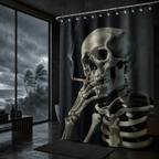 Dark grunge style bathroom showcase with a skeleton shower curtain hanging by a large window that faces a heavy storm hitting a tropical coastline with palm trees.