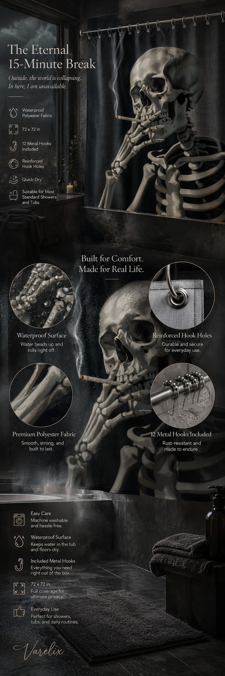 Comprehensive product infographic for the Varelix 72 by 72 inch premium polyester smoking skeleton shower curtain, detailing features like waterproof surface and reinforced hook holes.