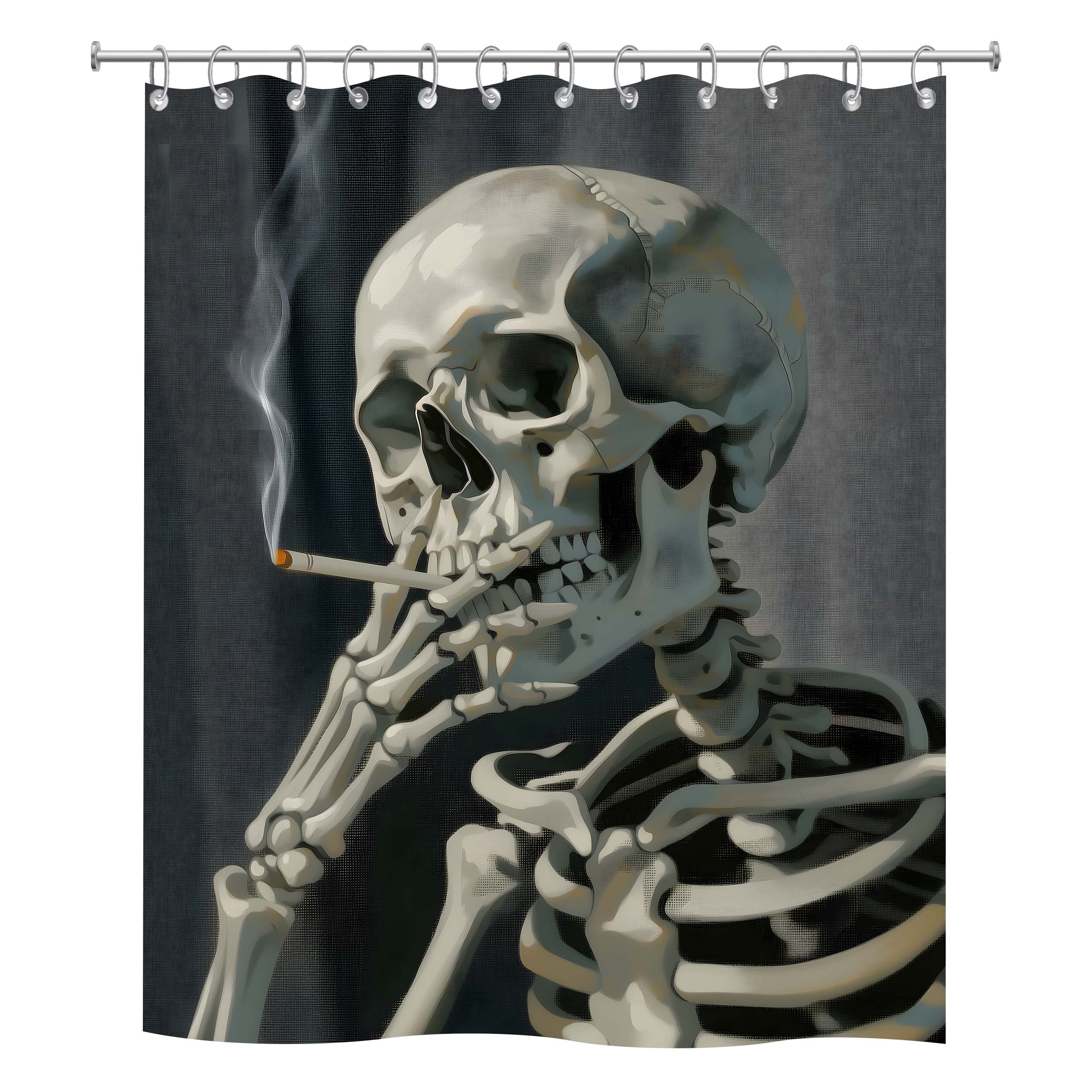 High-quality product mockup of a gothic vertical polyester shower curtain displaying a detailed illustration of a skeleton smoking a cigarette, isolated against a solid white background.