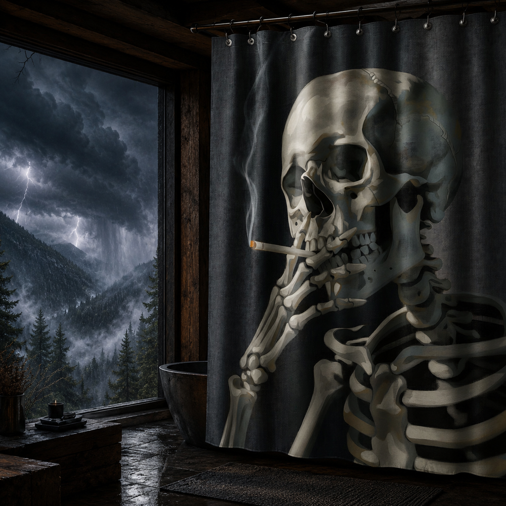 Edgy skull design shower curtain hanging in a rustic wooden cabin bathroom, with a view of a dark lightning storm over a pine forest mountain valley through the window.