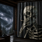 Edgy skull design shower curtain hanging in a rustic wooden cabin bathroom, with a view of a dark lightning storm over a pine forest mountain valley through the window.