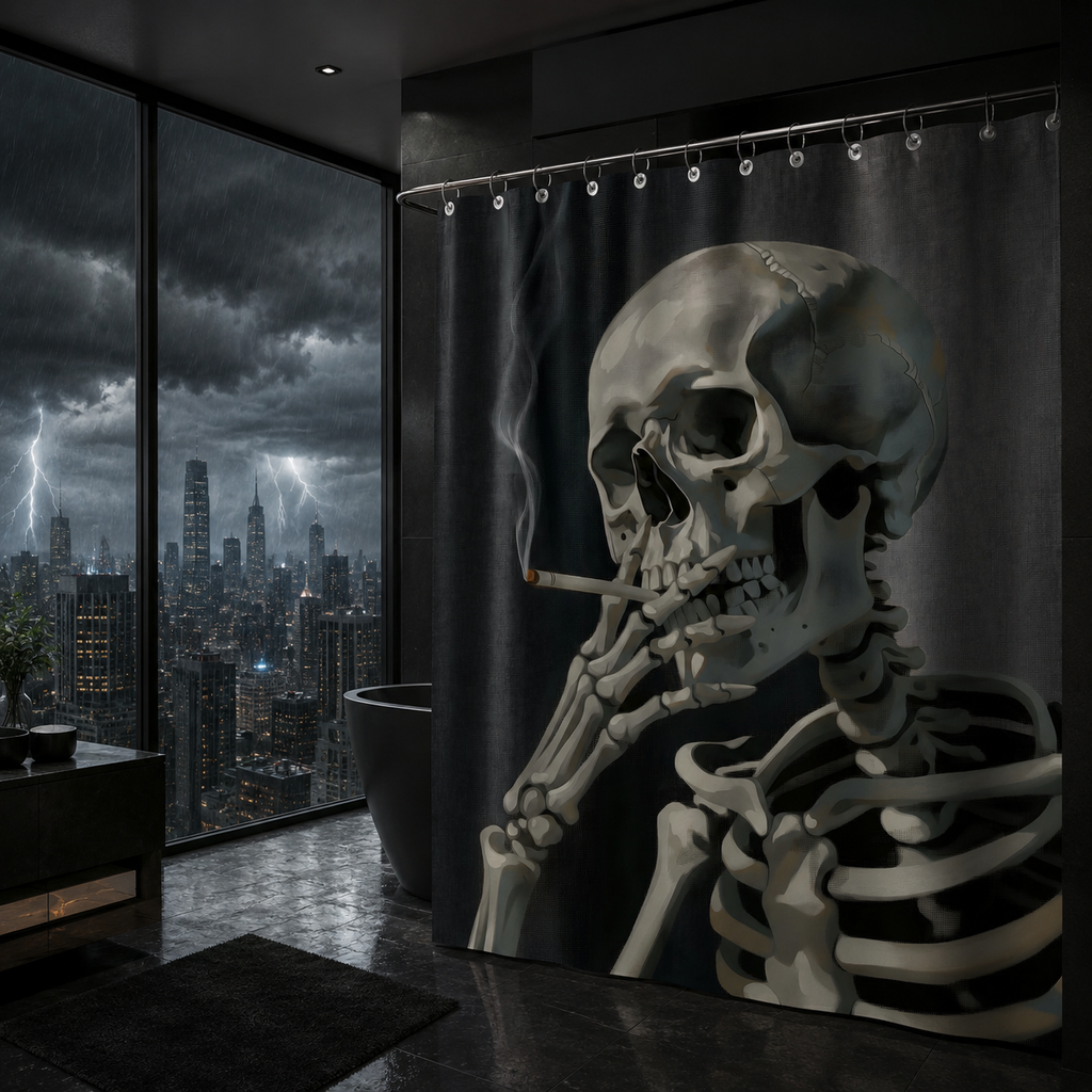 Goth aesthetic bathroom interior featuring a dark shower curtain with a smoking skull graphic, hanging next to a large window overlooking a dramatic lightning storm over a sprawling city skyline.