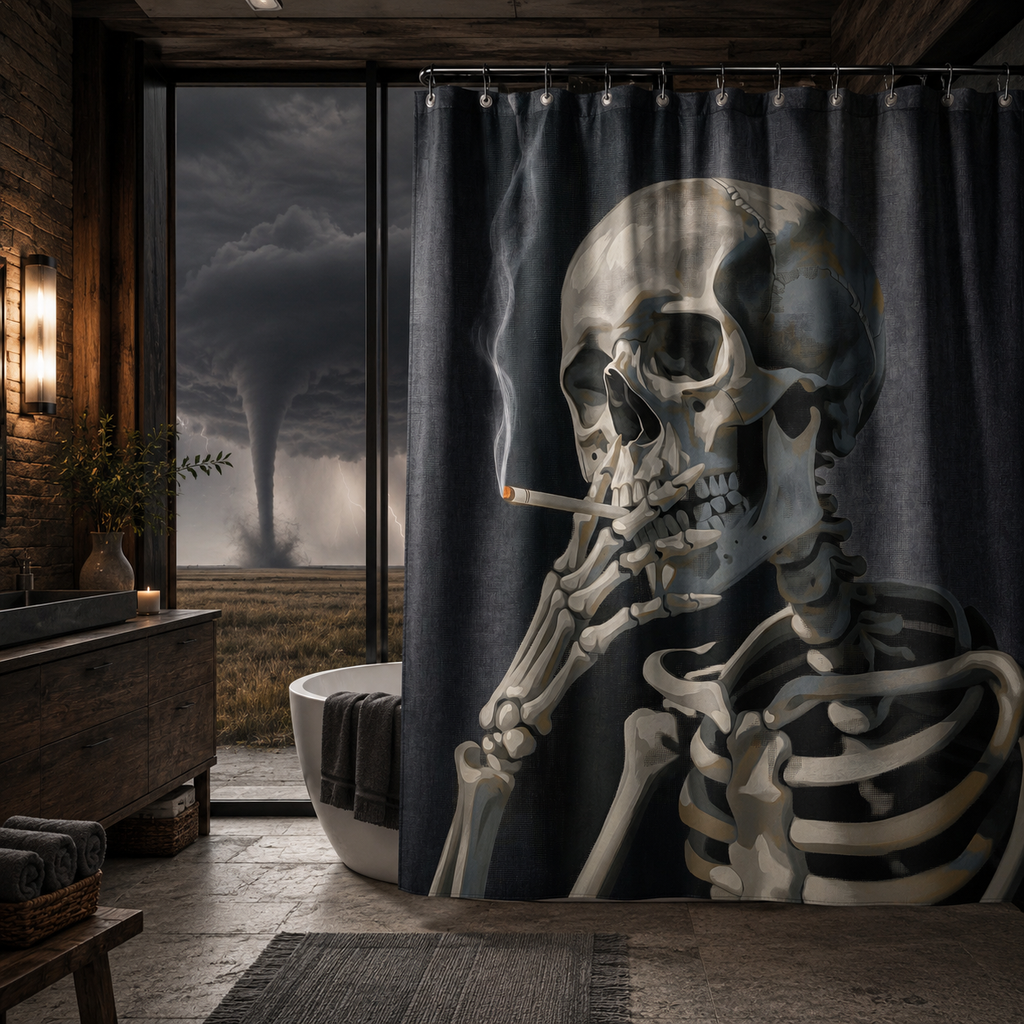 Dark academia style bathroom featuring a smoking skeleton fabric shower curtain, with a massive tornado twisting across an open plain field visible outside the window.