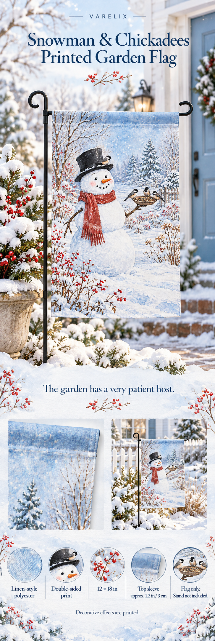 Snowman & Chickadees Printed Garden Flag by VARELIX, A+ detail poster with verified material, sizes and included items.