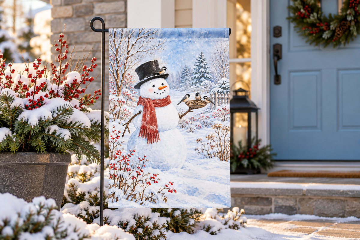 Snowman & Chickadees Printed Garden Flag, lifestyle view 1: One flag on a simple separate black L-shaped garden stake beside a front porch planter, all of the flag readable, late-afternoon natural light.