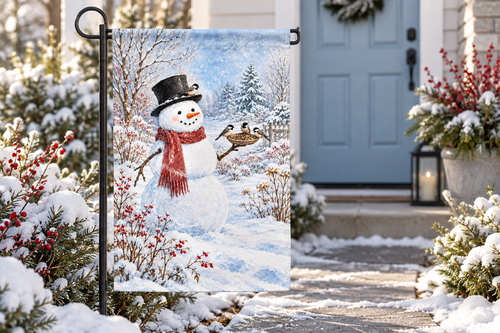 Snowman & Chickadees Printed Garden Flag, lifestyle view 2: One flag on a separate black garden stake along a short garden path, lower garden view with planting behind; no people, full rectangle visible.