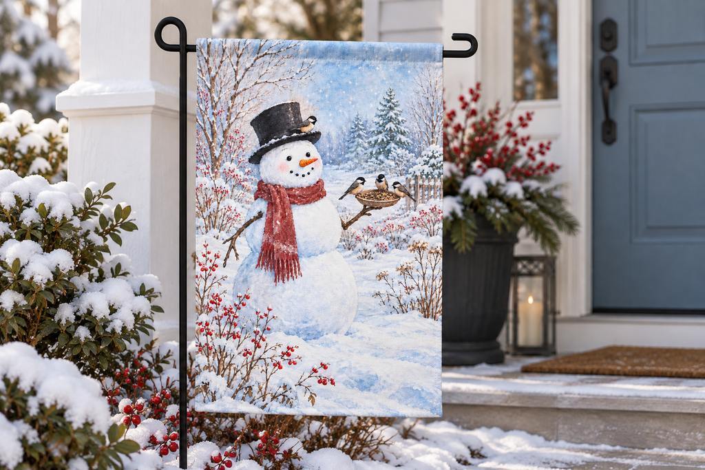 Snowman & Chickadees Printed Garden Flag, lifestyle view 3: Closer view of the flag on its separate black L-shaped stake near a porch post, the real cloth top sleeve threading over the horizontal bar, print clearly readable.