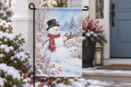 Snowman & Chickadees Printed Garden Flag, lifestyle view 3: Closer view of the flag on its separate black L-shaped stake near a porch post, the real cloth top sleeve threading over the horizontal bar, print clearly readable.