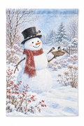 Snowman & Chickadees Printed Garden Flag on a white background, showing the complete printed design.