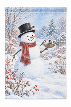 Snowman & Chickadees Printed Garden Flag on a white background, showing the complete printed design.