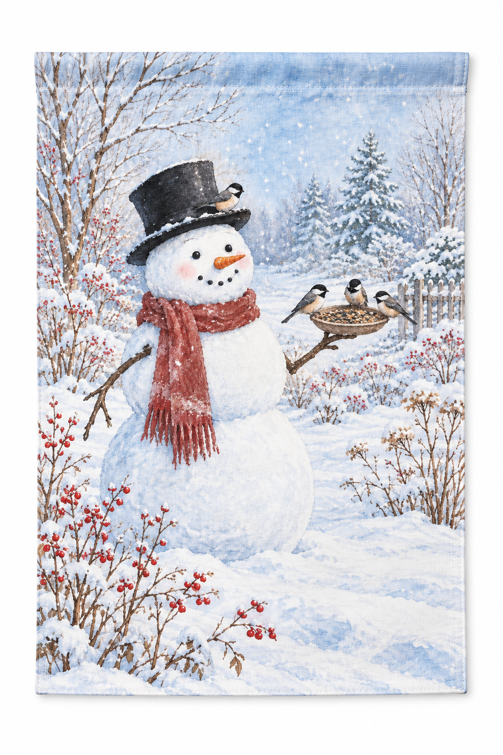 Snowman & Chickadees Printed Garden Flag on a white background, showing the complete printed design.