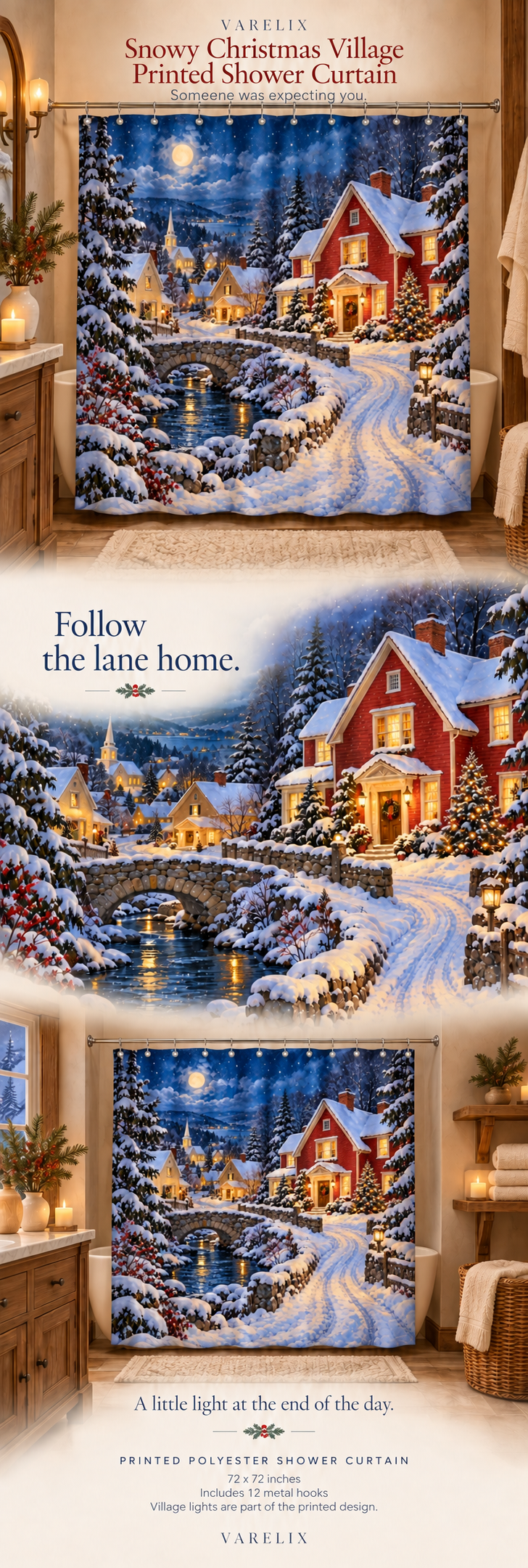 Snowy Christmas Village Printed Shower Curtain A+ details showing the printed design, material, available sizes and package contents.